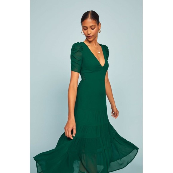 REFORMATION Emerald Green COSA Ruched Sleeve Tiered Deep V-Neck Dress 4 = S - Picture 5 of 6
